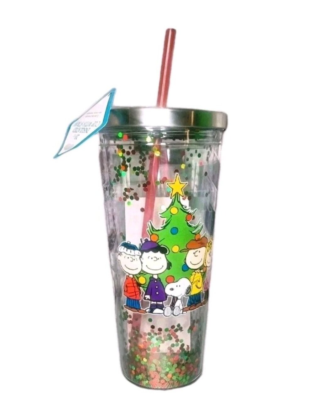 Peanuts Gang Christmas Tree Glitter Tumbler Cup Snoopy Charlie Brown NWT Straw